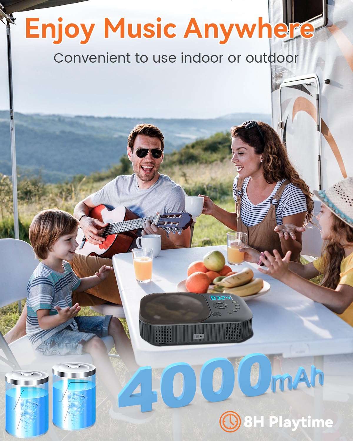 MONODEAL portable CD player with two stereo speakers, Bluetooth, and radio. Rechargeable Discman CD player, supports AUX/USB.