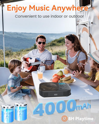 MONODEAL portable CD player with two stereo speakers, Bluetooth, and radio. Rechargeable Discman CD player, supports AUX/USB.