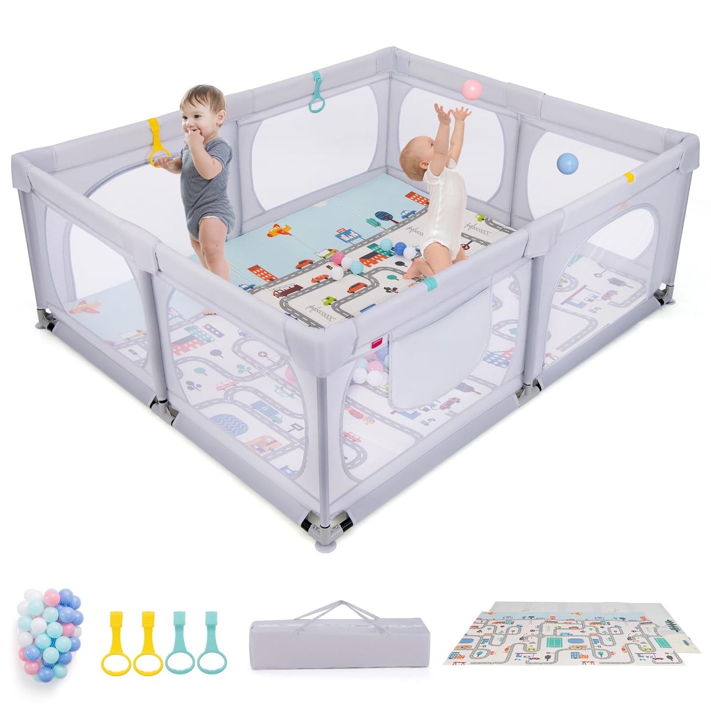 DREAMADE Playpen for Baby, 189 x 158 cm Playard with Mattress & 4 Pull Rings & 50 Ocean Balls & Carrying Bag, Large Safety Gate for Babies & Toddlers 0-3 Years (with Mattress, Light Gray)