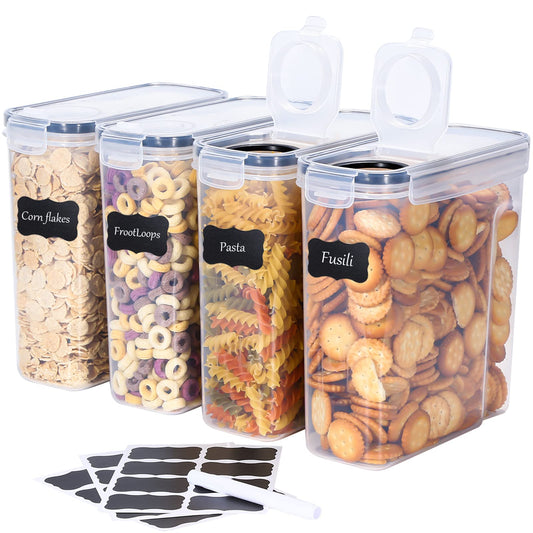 LUFEVRM 2.5L storage containers with lid, 4-piece airtight kitchen storage box sets, BPA-free plastic cereal dispensers for dry goods like cereal, flour, sugar, includes 24 labels.
