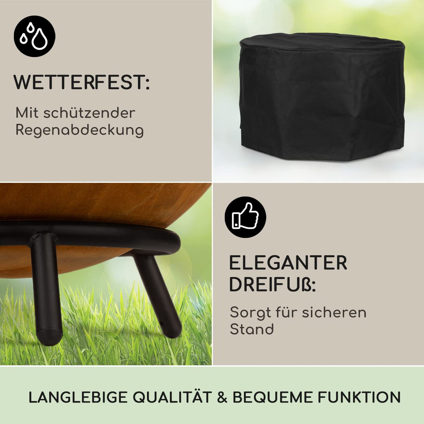 Blumfeldt Fire Pit, Outdoor Fireplace with 3-leg stand, Tilt-able Fire Bowls for Garden & Balcony, Large Camping Fire Pit, Weatherproof Garden Fire Bowl, 50x75x50 cm dimensions.