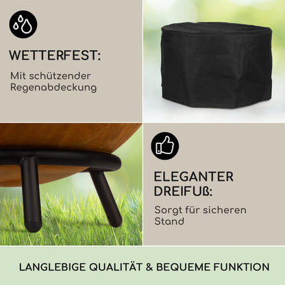 Blumfeldt Fire Pit, Outdoor Fireplace with 3-leg stand, Tilt-able Fire Bowls for Garden & Balcony, Large Camping Fire Pit, Weatherproof Garden Fire Bowl, 50x75x50 cm dimensions.