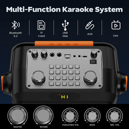 JYX Karaoke with 2 microphones, Bluetooth karaoke speaker, and DJ lights for adults and kids. PA system with microphone, karaoke, portable, for home and outdoor parties.