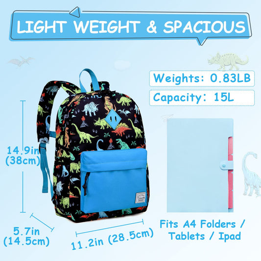 VASCHY Boys Toddler Backpack, Cute Waterproof Preschool Kids Backpack Kindergarten Toddler Schoolbag with Chest Strap Blue Dinosaur
