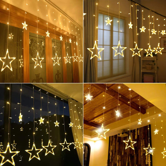 Quntis 138 LEDs 2m 12 Star String Lights Curtain Warm White, Expandable Christmas Lights Indoor Window, IP44 Curtain Lights Power Operated Outside, 8 Modes Christmas Decor for Room Balcony