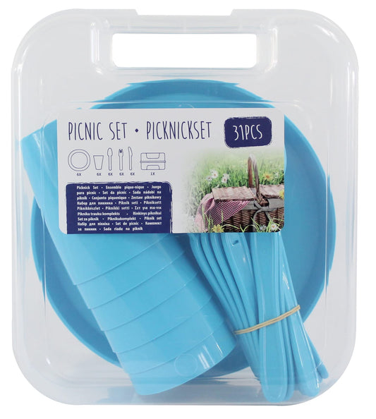 31-piece picnic set including silverware, cups, plates, knives, forks, spoons, and a transport box. Perfect for outdoor dining. (blue)