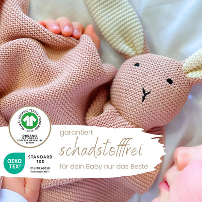 DIKOS Original 2-in-1 Baby Blanket & Snuggle Bunny (Blush) – a lovely gift for newborns made from soft organic cotton (GOTS) – perfect as baby girl's first cuddly toy at birth