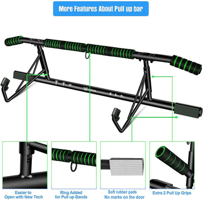 Pull-up bar for door frame - Heavy-duty pull-up bar [up to 200 KG] - Includes suspension trainer Professional training belt set - Fitness equipment for home Secure attachment without drilling.
