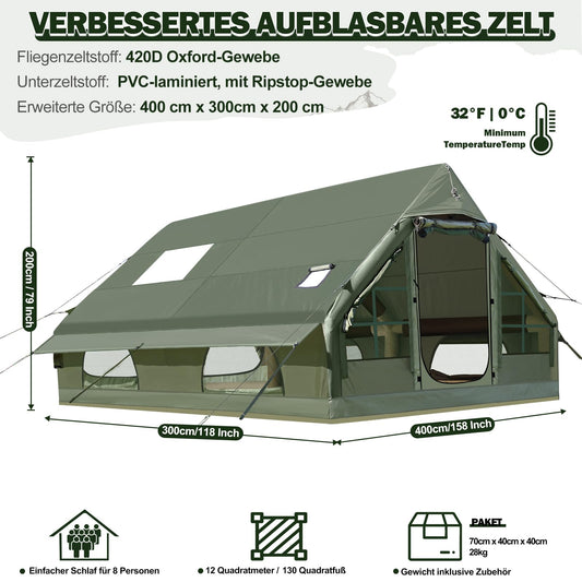 Inflatable camping tent, 420D Oxford Glamping Inflatable tent for camping with fireplace opening & roof window, 4 Season Windproof Anti-UV Oxford Cabin tent with mesh windows & doors for 6-12 people.