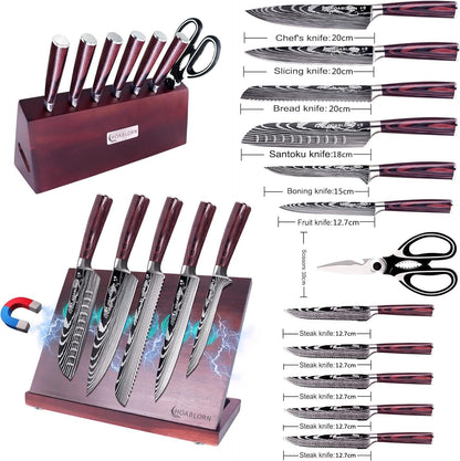 Kitchen Knife Set with Block HOABLORN Luxury 15-piece Knife Block with Knives: Acacia Knife Holder with Strong Magnetic Heart, knife set with block, for housewarming and wedding gifts.