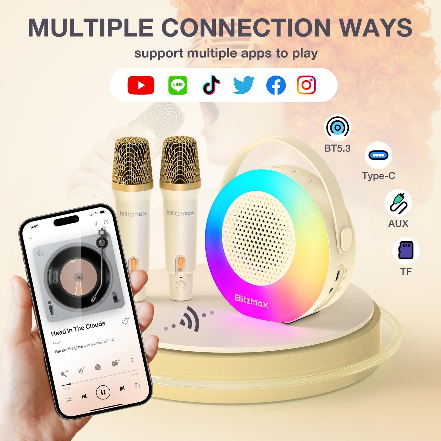 BlitzMax Kids Karaoke Machine Portable Bluetooth Mini Karaoke Speaker with 2 Microphones, Lights, and Sound for Girls Boys Adults Home Party Birthday Gifts (Beige)