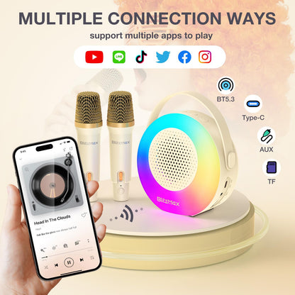 BlitzMax Kids Karaoke Machine Portable Bluetooth Mini Karaoke Speaker with 2 Microphones, Lights, and Sound for Girls Boys Adults Home Party Birthday Gifts (Beige)
