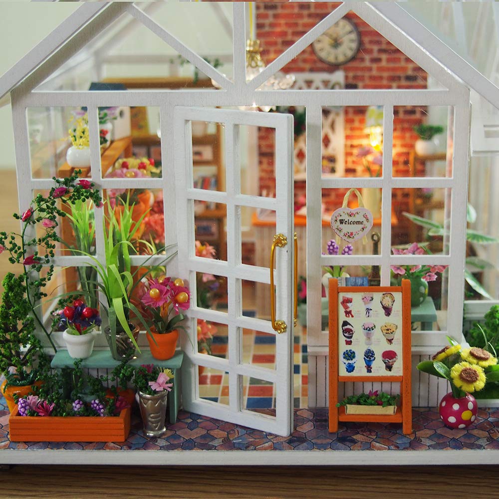 GuDoQi DIY Dollhouse Miniature Kit, 3D Wooden Dollhouse Kit with Furniture and Music and LED Light, Craft Miniature Model Kits for Women and Collectors, Beautiful Flower Shop