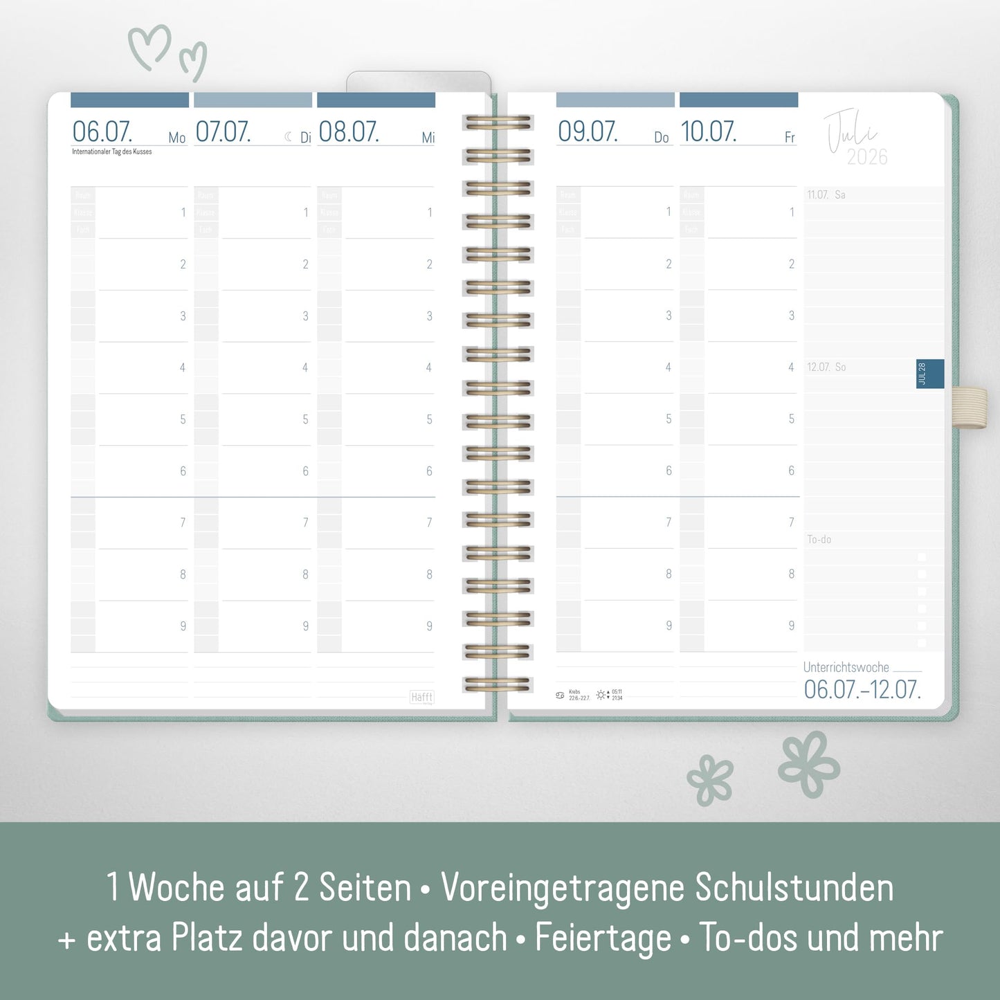 Häfft® Teacher Planner 2025/2026 A5 + Deluxe "Green Canvas" Hardcover Teacher's Planner, academic year planner with spiral binding, school planner - sustainable & eco-friendly.