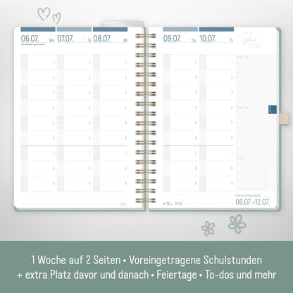Häfft® Teacher Planner 2025/2026 A5 + Deluxe "Green Canvas" Hardcover Teacher's Planner, academic year planner with spiral binding, school planner - sustainable & eco-friendly.