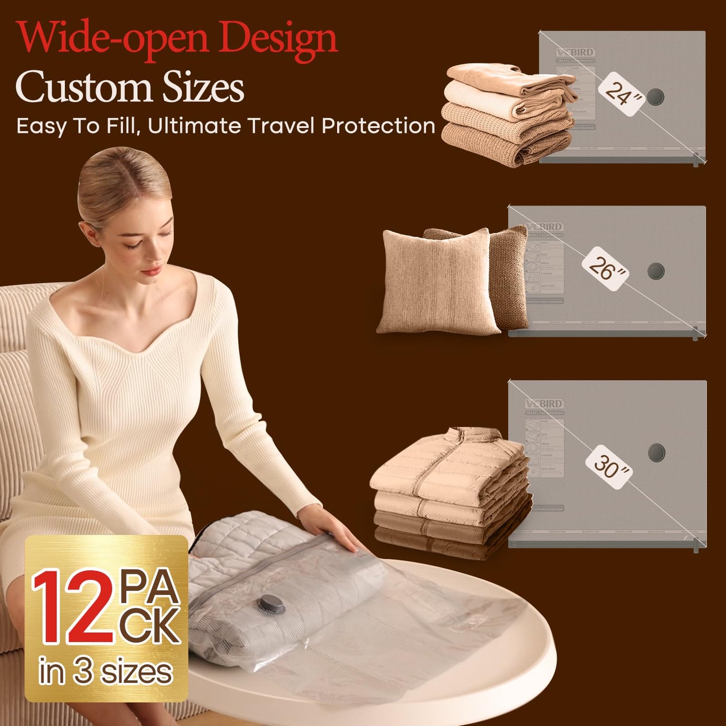Vacbird Vacuum Bags for Clothes with Cordless Vacuum Pump, 12 Pieces (4x 40x50cm, 4x 40x60cm, 4x 50x60cm), Reusable Vacuum Sealer Bags Clothing Suitable for Travel, Daily Storage