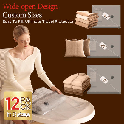 Vacbird Vacuum Bags for Clothes with Cordless Vacuum Pump, 12 Pieces (4x 40x50cm, 4x 40x60cm, 4x 50x60cm), Reusable Vacuum Sealer Bags Clothing Suitable for Travel, Daily Storage