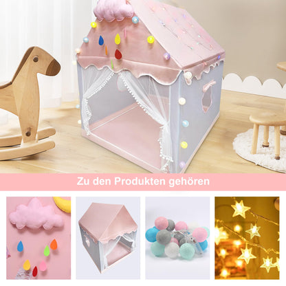Children's play tent with star lights, girls' princess castle tent, indoor play tent with ball lights and cloud decorations. Dimensions 120x110x130cm.