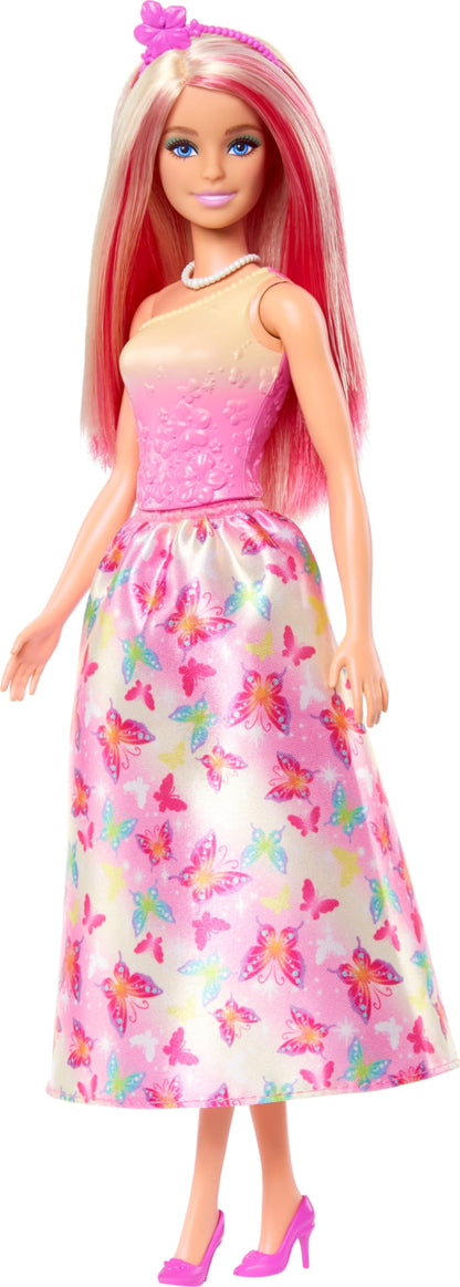 Barbie Royal Doll with imaginative hair in blond and pink, colorful accessories, pink ombre top, and butterfly-patterned skirt, HRR08.