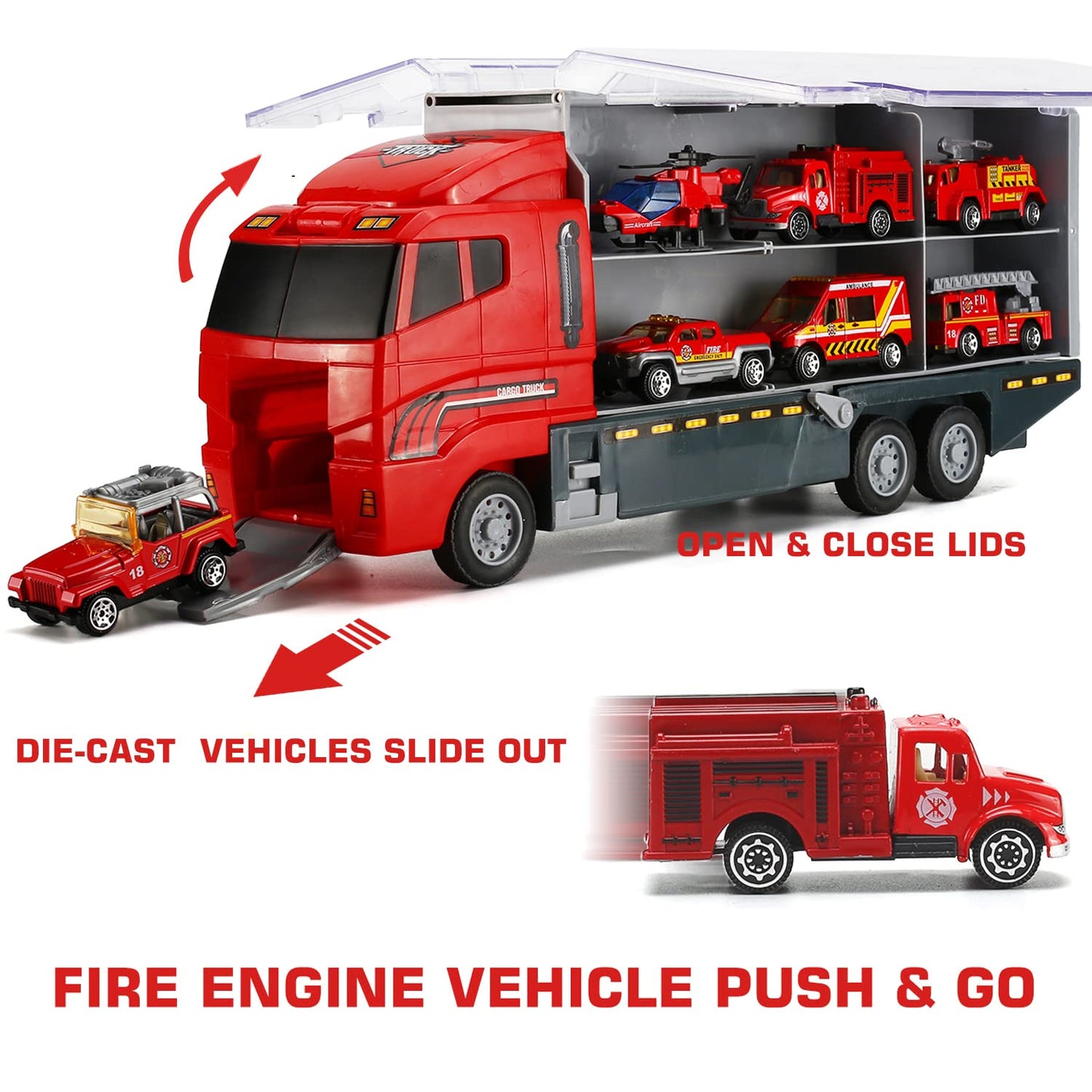 19-in-1 Fire Truck Set, Fire Department Toy Fire Trucks in Truck with 9 Figures for Kids 3+ Years Old