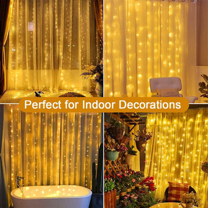 Yowin 6m x 3m 600 LED curtain lights with plug, 8 modes, waterproof waterfall light chain for outdoor/indoor use. Perfect for room, wedding, garden, pergola, and Christmas decoration.