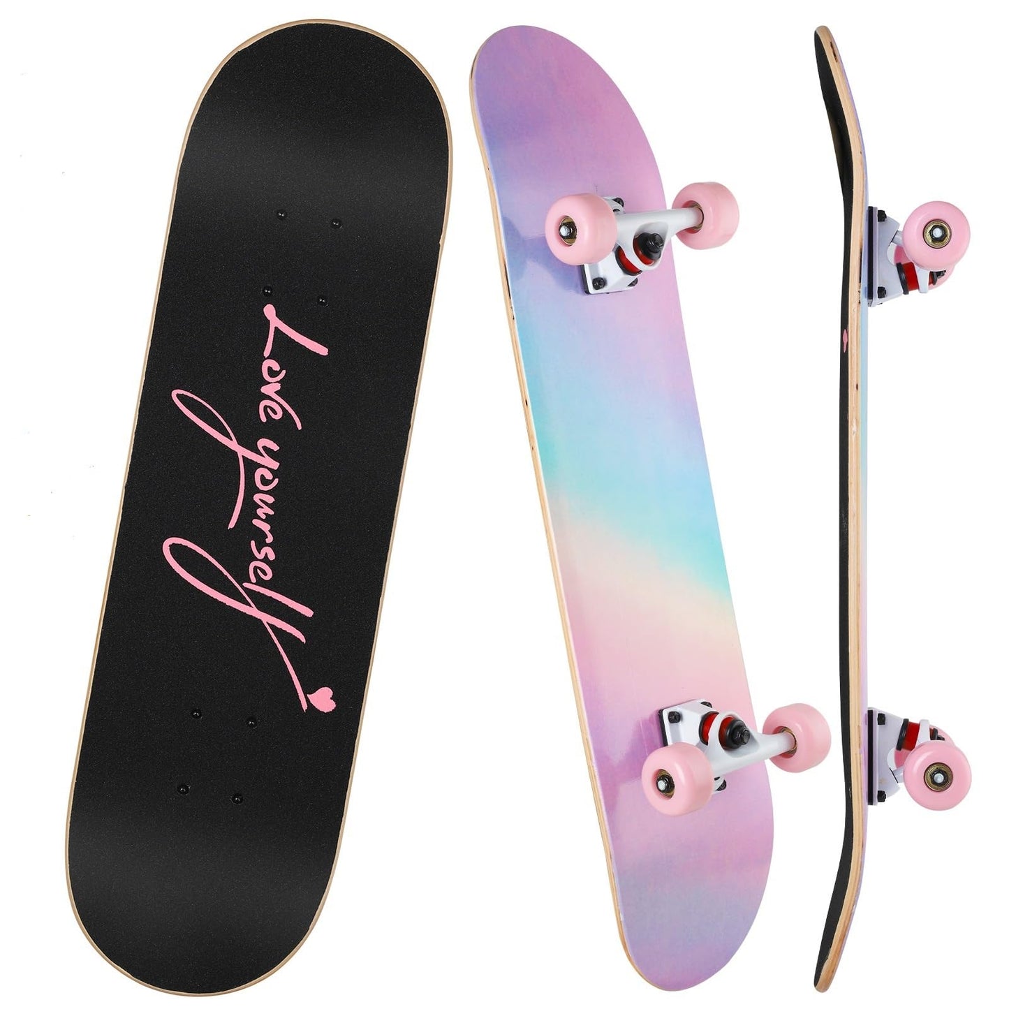 ILAHUI skateboard for teens, girls, kids, adults, beginners, 7 layers of maple wood, deck, 80 x 20 cm, bag, skateboard, rainbow powder