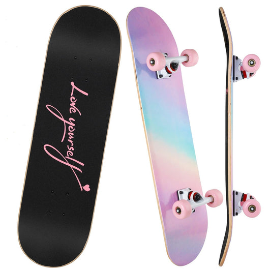ILAHUI skateboard for teens, girls, kids, adults, beginners, 7 layers of maple wood, deck, 80 x 20 cm, bag, skateboard, rainbow powder