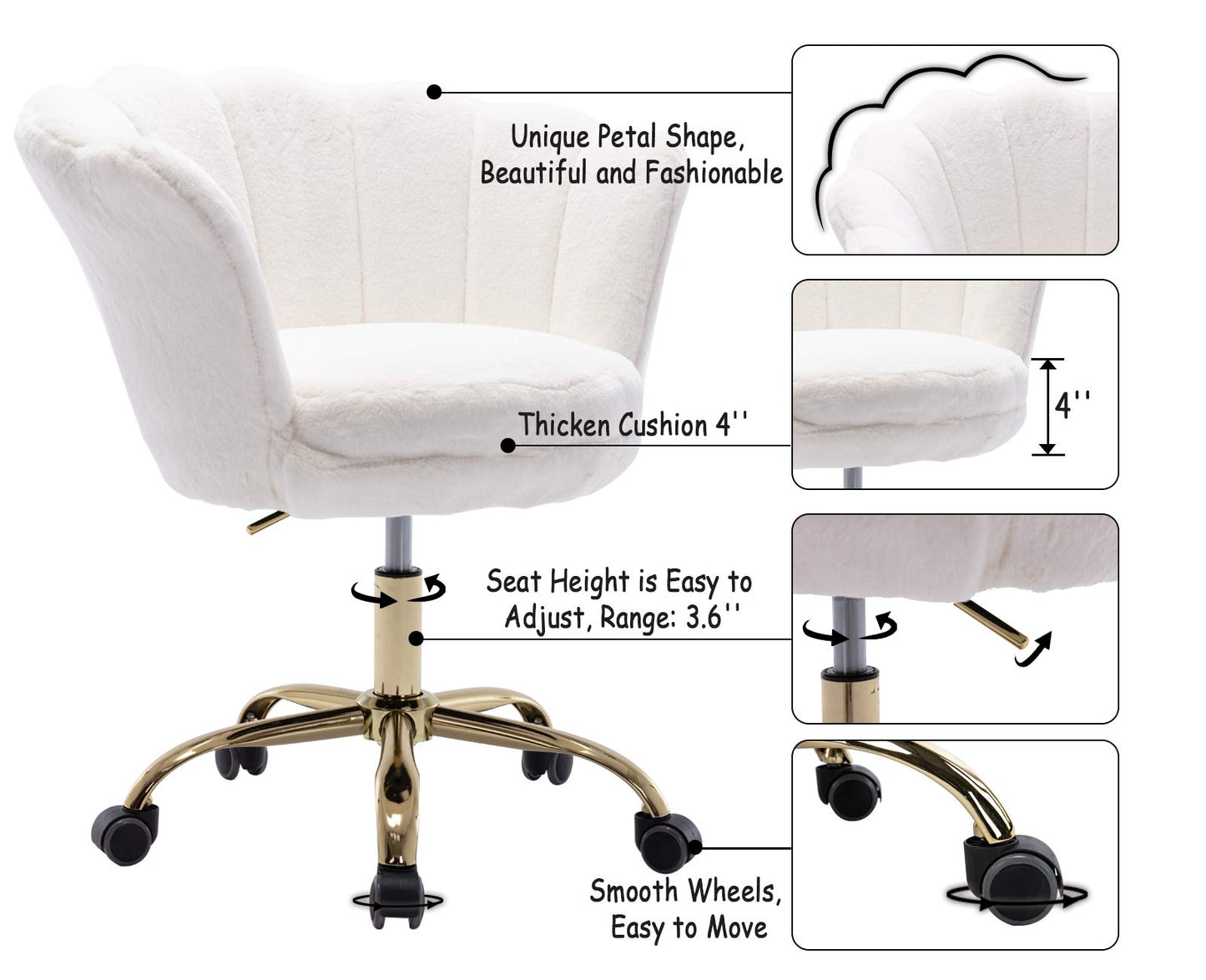 Wahson office chair made of faux fur swivel chair with wheels computer chair height adjustable, desk chair for bedroom/vanity, White