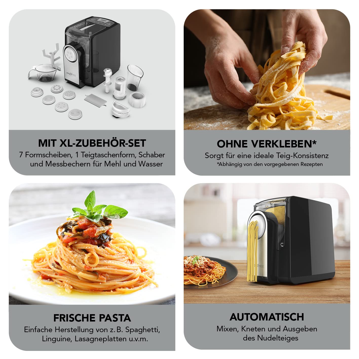 MAXXMEE Pasta Maker with 7 shaping discs for different types of pasta | Easy creation of fresh pasta | Digital control panel and countdown function | 30.7 x 19.8 x 26.3 cm [PP, silicone, PVC]