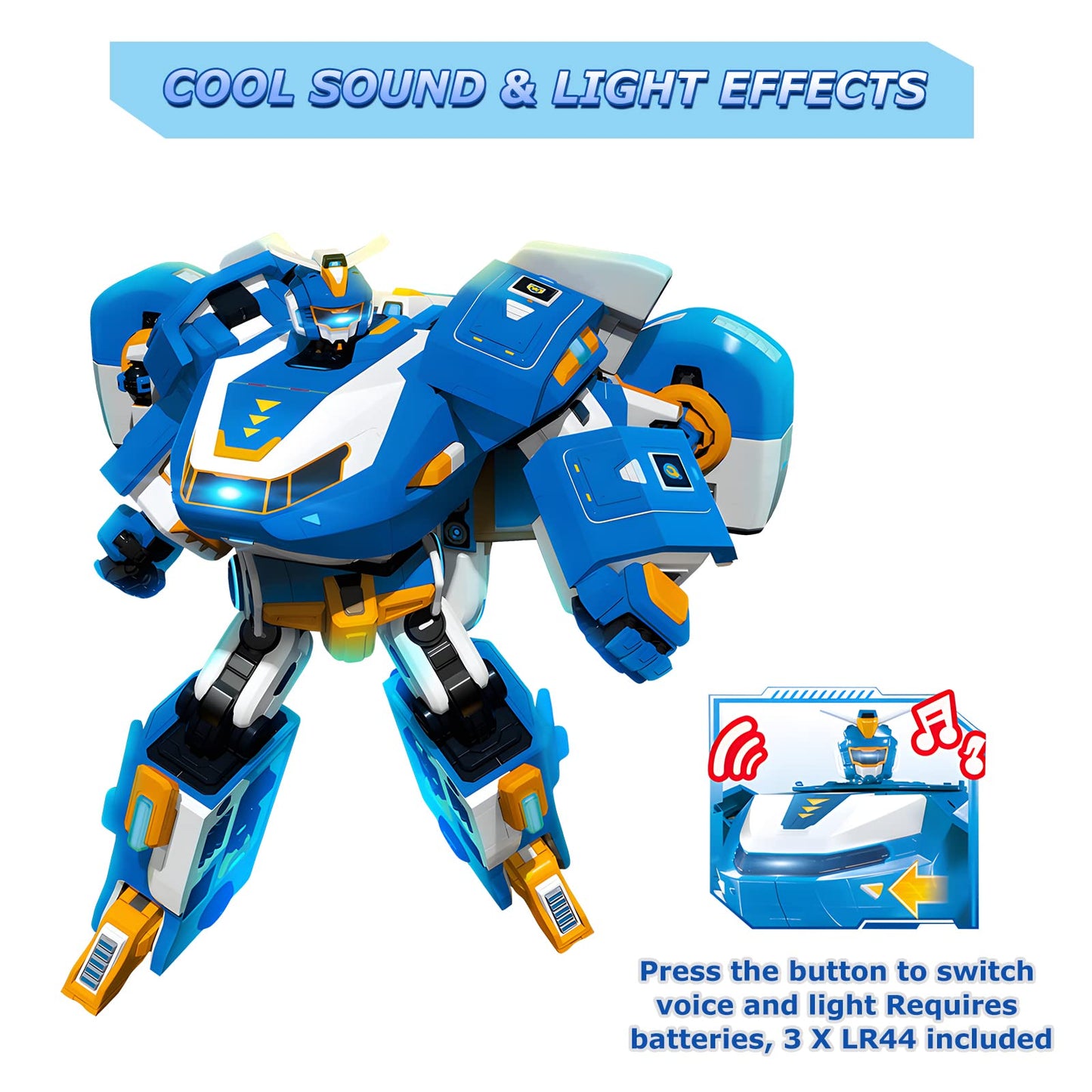 Super Wings 3-in-1 World Aircraft transforming robot with light and sound effects, featuring a 2'' transformable robot Jett. Transformable toy for girls and boys aged 3 and up, in blue.