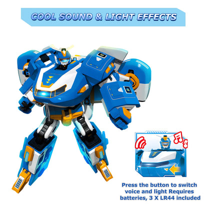 Super Wings 3-in-1 World Aircraft transforming robot with light and sound effects, featuring a 2'' transformable robot Jett. Transformable toy for girls and boys aged 3 and up, in blue.