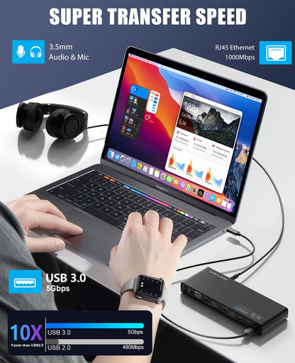 WAVLINK USB 3.0 Universal Laptop Docking Station, USB C to 5K/Dual 4K @ 60Hz video outputs Dual Monitor for Windows, (2 HDMI & 2 DP, Gigabit Ethernet, 6 USB 3.0)