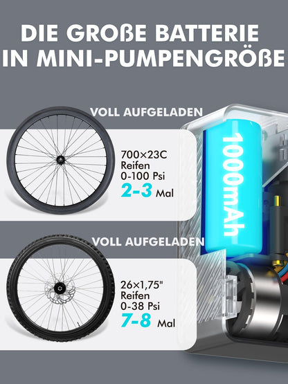 GPUTEK Electric Bike Pump, Bike Accessory 120 PSI cordless bike pump with pressure gauge, auto-off, and LED light. For e-bikes, mountain bikes, city, and road bikes with Presta and Schrader valves.