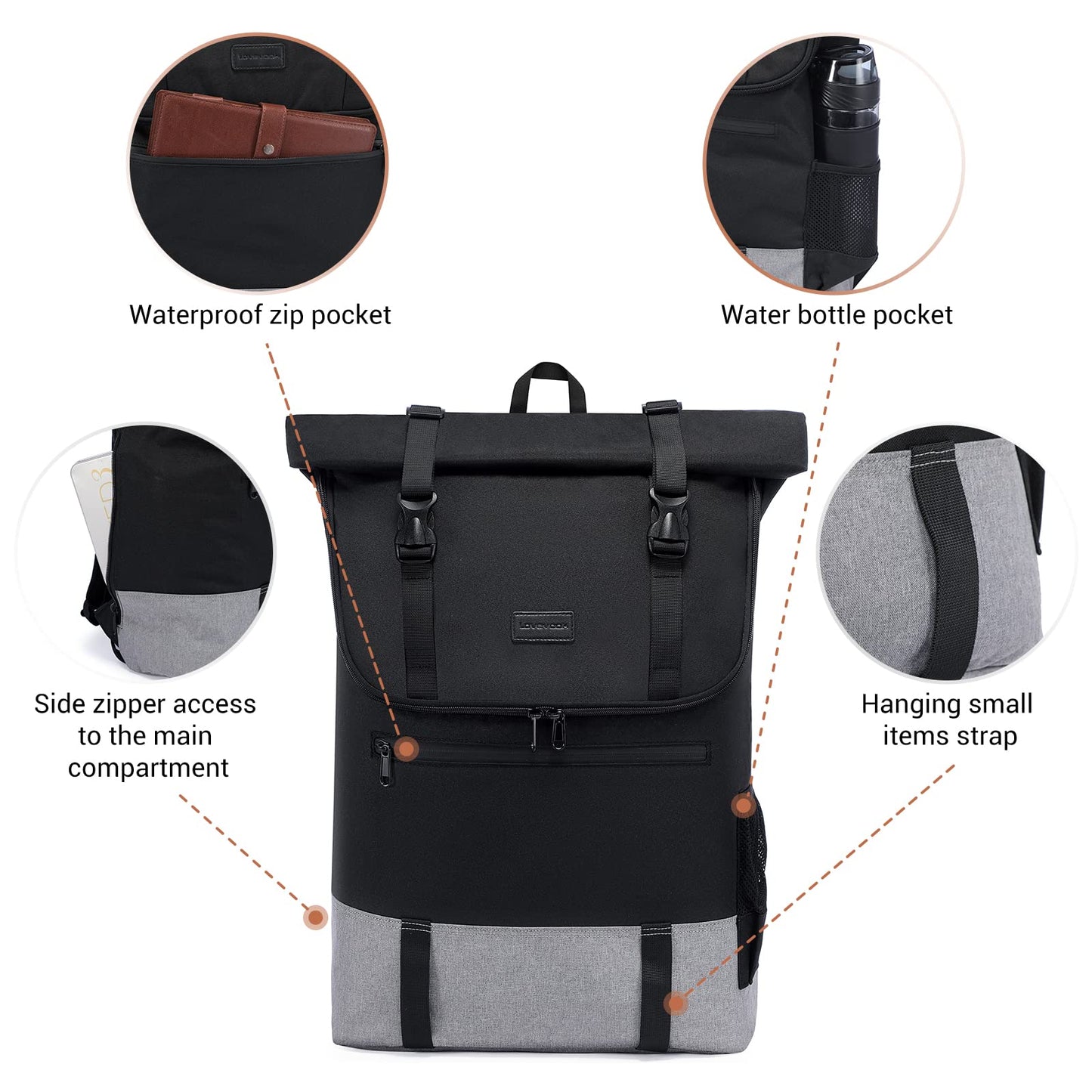 LOVEVOOK backpack for women and men, large waterproof laptop backpack 17.3 inch rolltop backpacks school backpack for college work travel, black grey