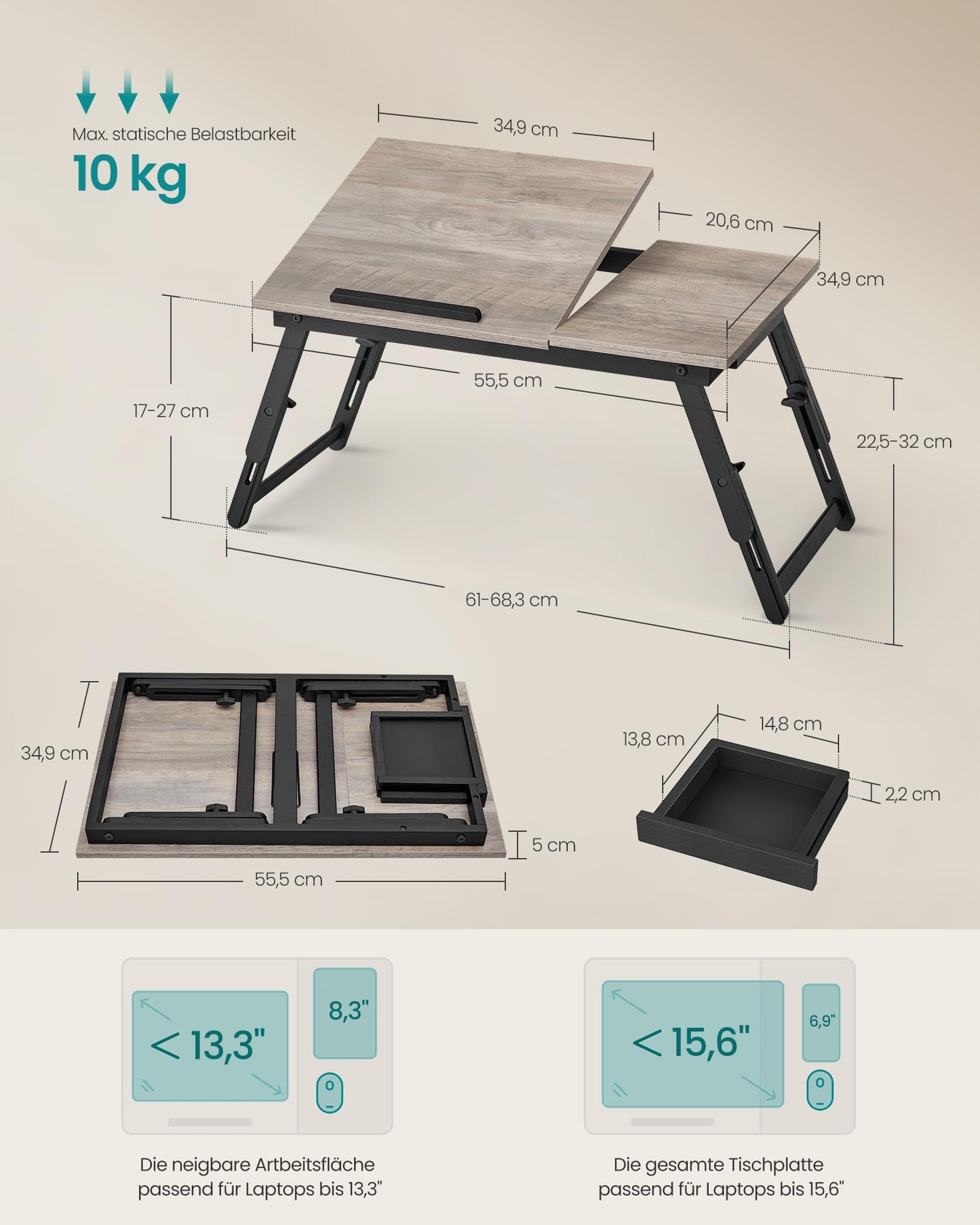 SONGMICS laptop table for bed, laptop stand, angle and height adjustable, foldable legs, for laptops up to 15.6 inches, work, read, have breakfast, bamboo legs, drawer, greige mottled LLD105W01
