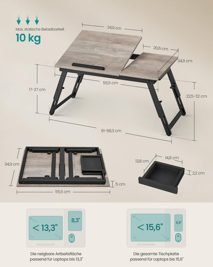SONGMICS laptop table for bed, laptop stand, angle and height adjustable, foldable legs, for laptops up to 15.6 inches, work, read, have breakfast, bamboo legs, drawer, greige mottled LLD105W01