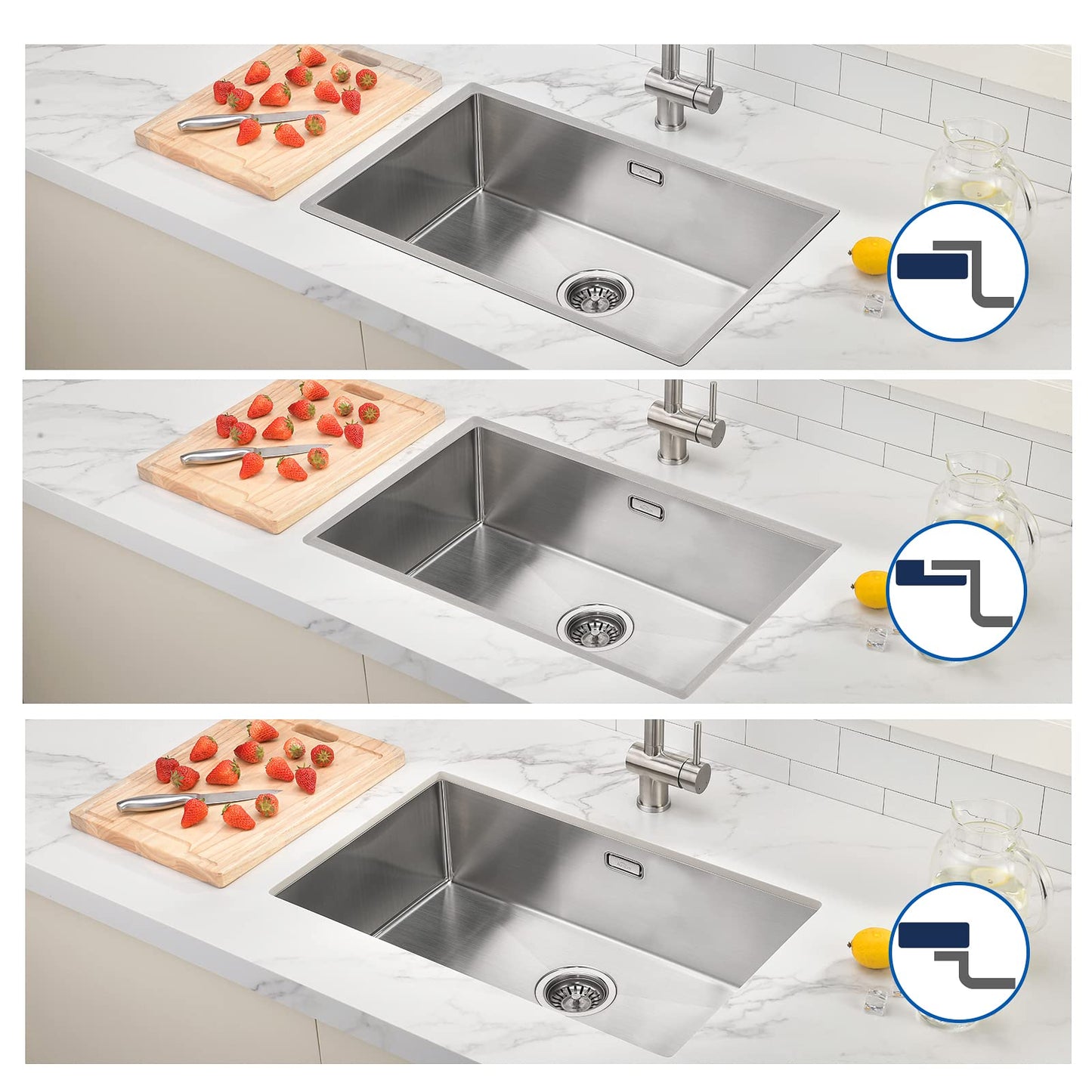 Auralum Kitchen Sink 70 x 44 cm, Large Handcrafted Stainless Steel Kitchen Sink, for 80 cm Kitchen Cabinet, including Siphon, Overflow, and Drain Set, Flush/Inset Sink for Kitchen