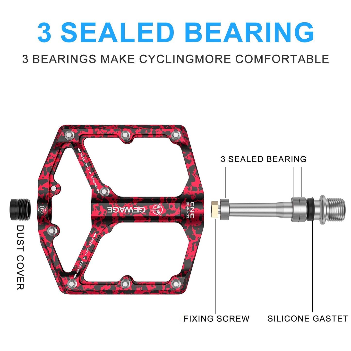 DARING Road/Mountain Bike Pedals - 3 Bearing Bike Pedals - CNC-machined 9/16-inch Flat Pedals with Removable Anti-slip Pins (Red Camouflage)