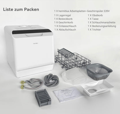 Hermitlux table dishwasher, mini dishwasher can be used with or without water connection, 43 cm wide, space for 4 place settings, suitable for camping, 175 kWh/year, white