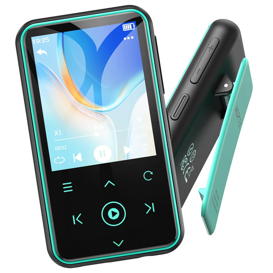 AGPTEK 64GB MP3 player with sport clip, Bluetooth 5.3 player with 1.8-inch TFT color screen, mini music player with touch buttons, FM radio, pedometer, supports up to 128GB SD card, blue.