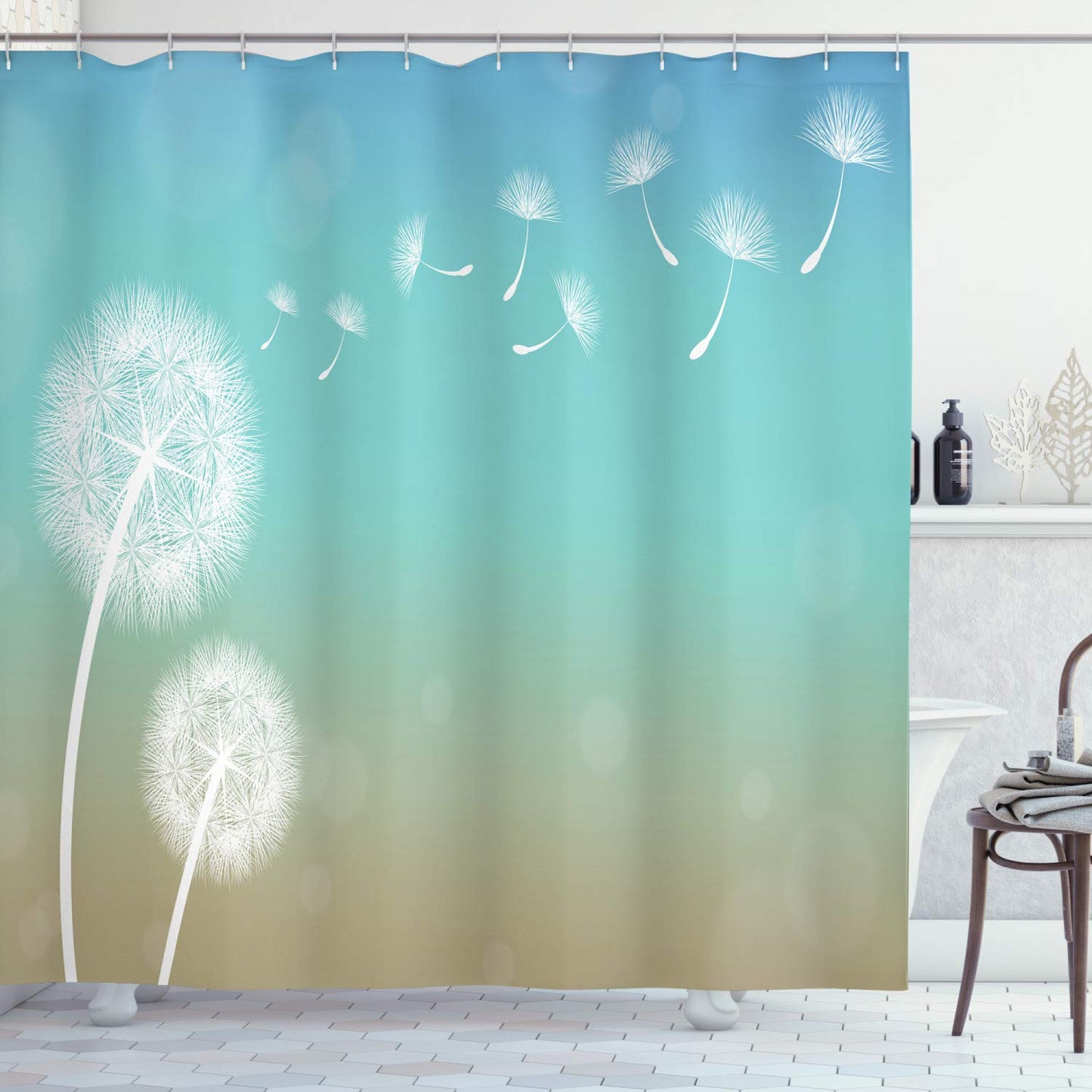 ABAKUHAUS Dandelion Shower Curtain, Blowball in Wind, Fabric Bathroom Decor Set with Hooks, 175 x 240 cm, Turquoise Tan White.