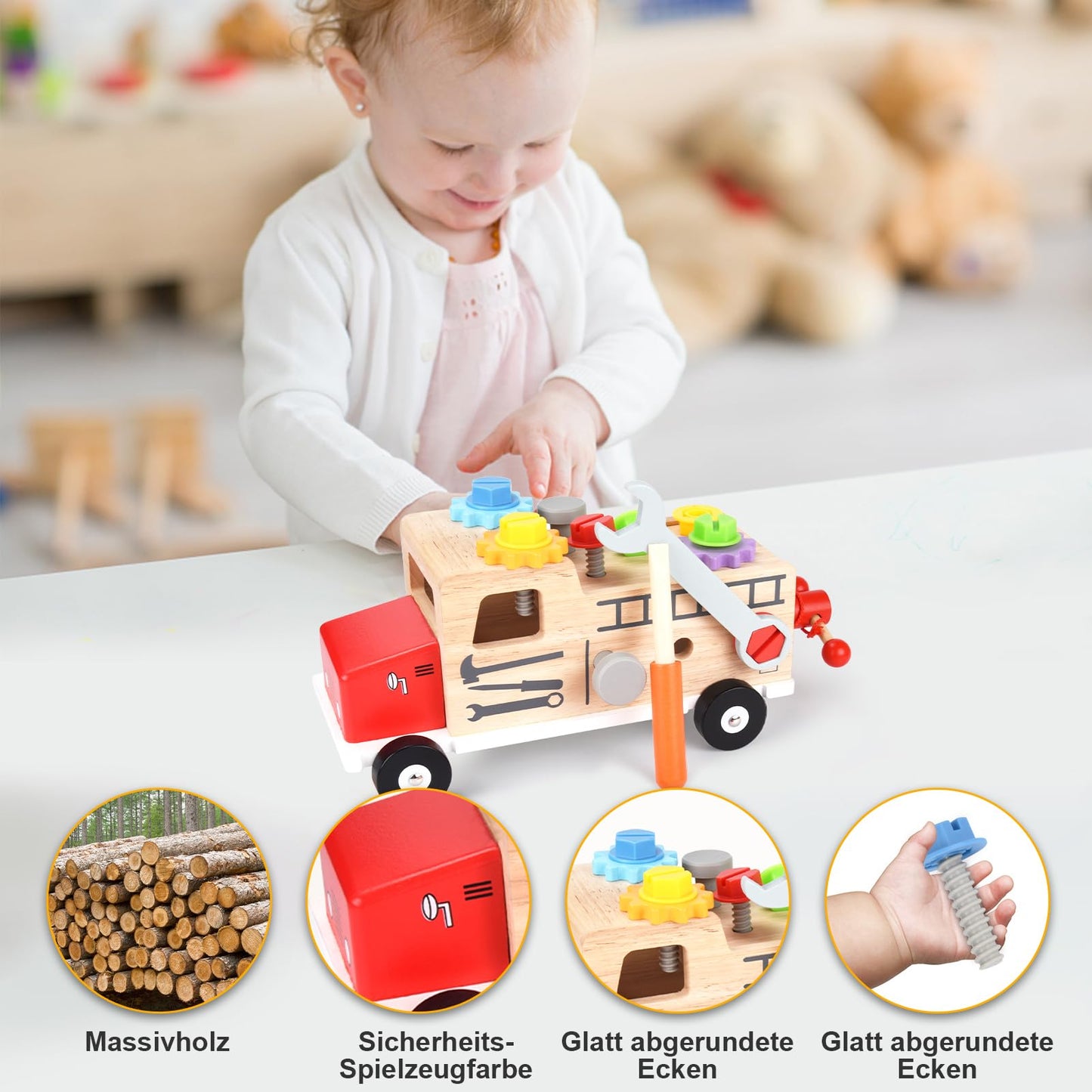 Toolbox for kids workbench, Montessori wooden toy kids toolset for ages 2 3 4, toy toolbox learning games tool kit kids tool cart gift boy girl 2 3 4 years.