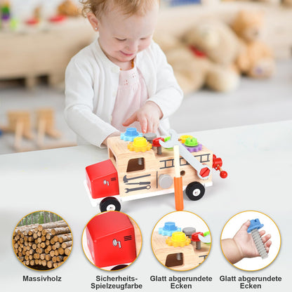 Toolbox for kids workbench, Montessori wooden toy kids toolset for ages 2 3 4, toy toolbox learning games tool kit kids tool cart gift boy girl 2 3 4 years.