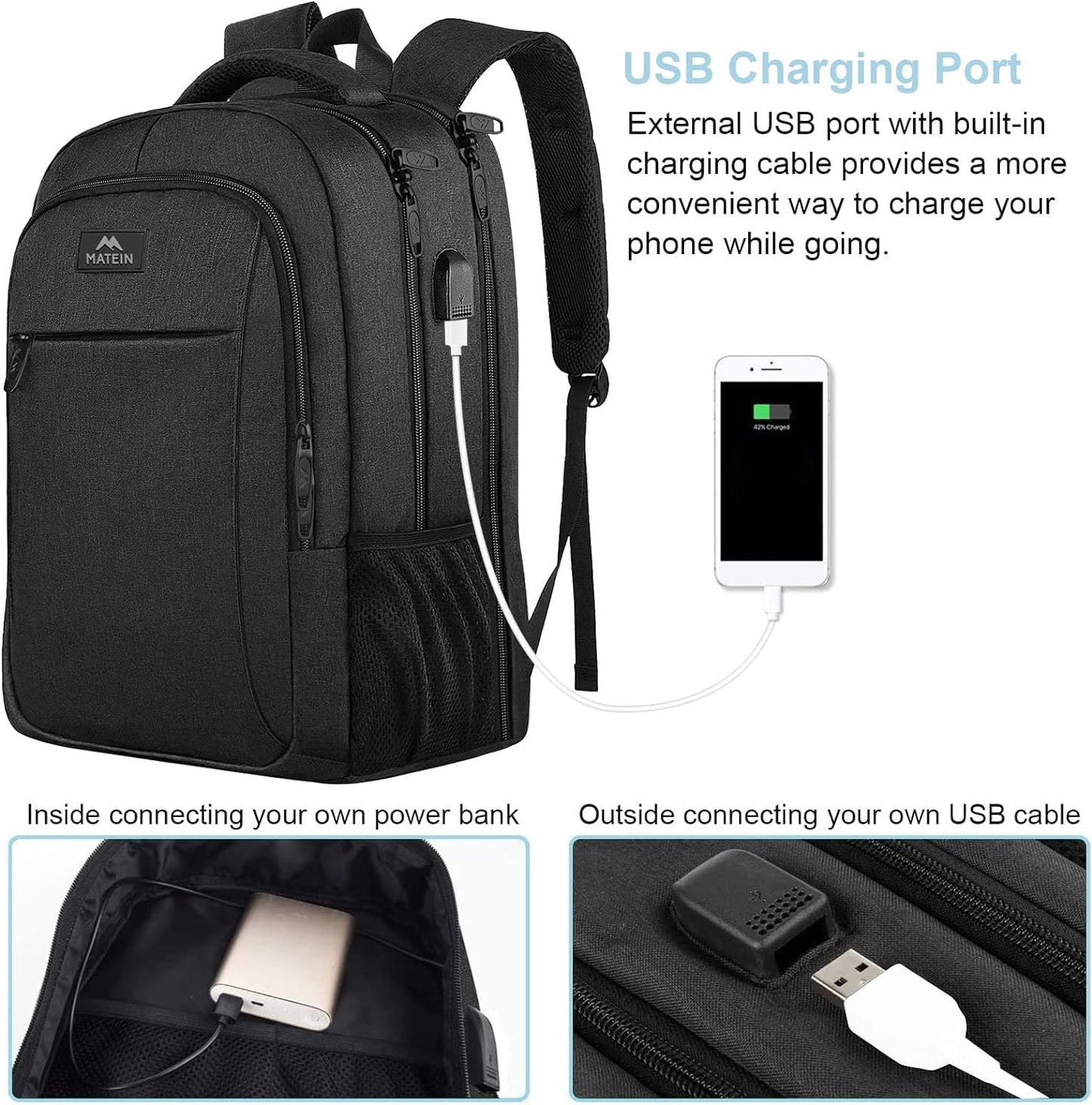 MATEIN backpack for men, large laptop backpack 17.3 inch school bag with USB charging port anti-theft business work travel backpack teenager notebook college tech women, black