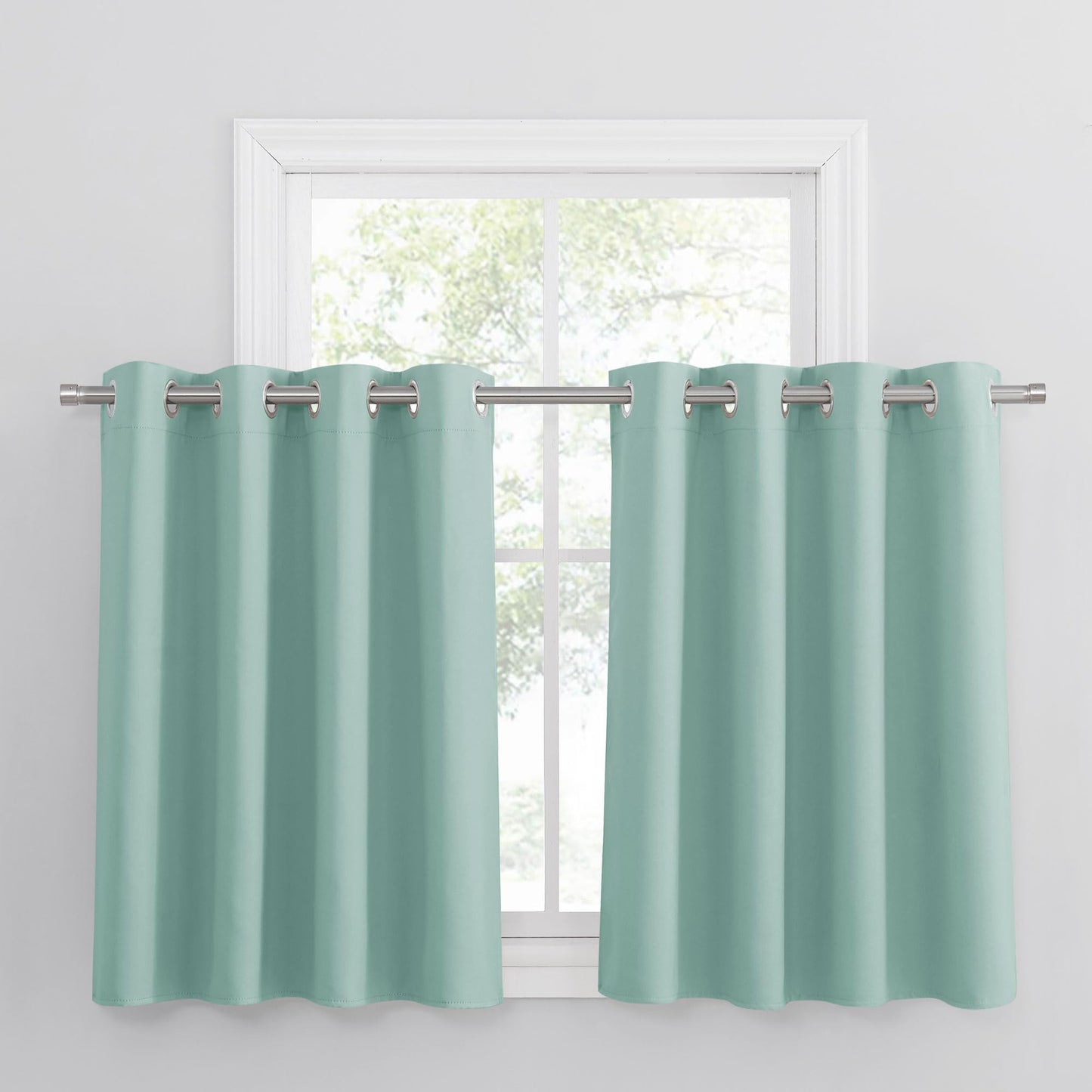 PONY DANCE Short Kitchen Curtains, 2 Panels, 35 x 52 inches, Light Blocking Curtains for Bedroom, Darkening Summer Green Sheer Curtains Set with Grommets.