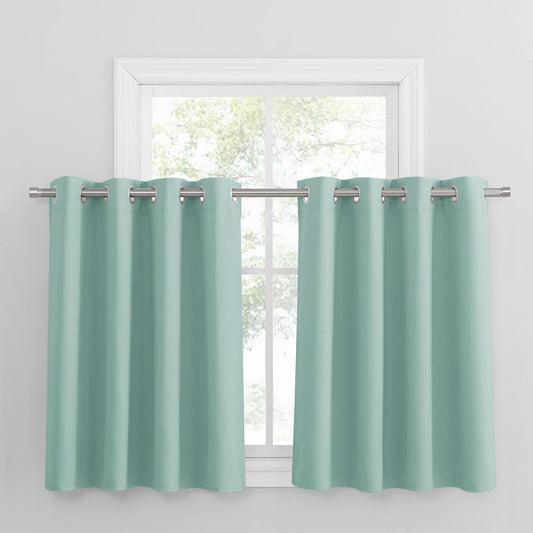 PONY DANCE Short Kitchen Curtains, 2 Panels, 35 x 52 inches, Light Blocking Curtains for Bedroom, Darkening Summer Green Sheer Curtains Set with Grommets.
