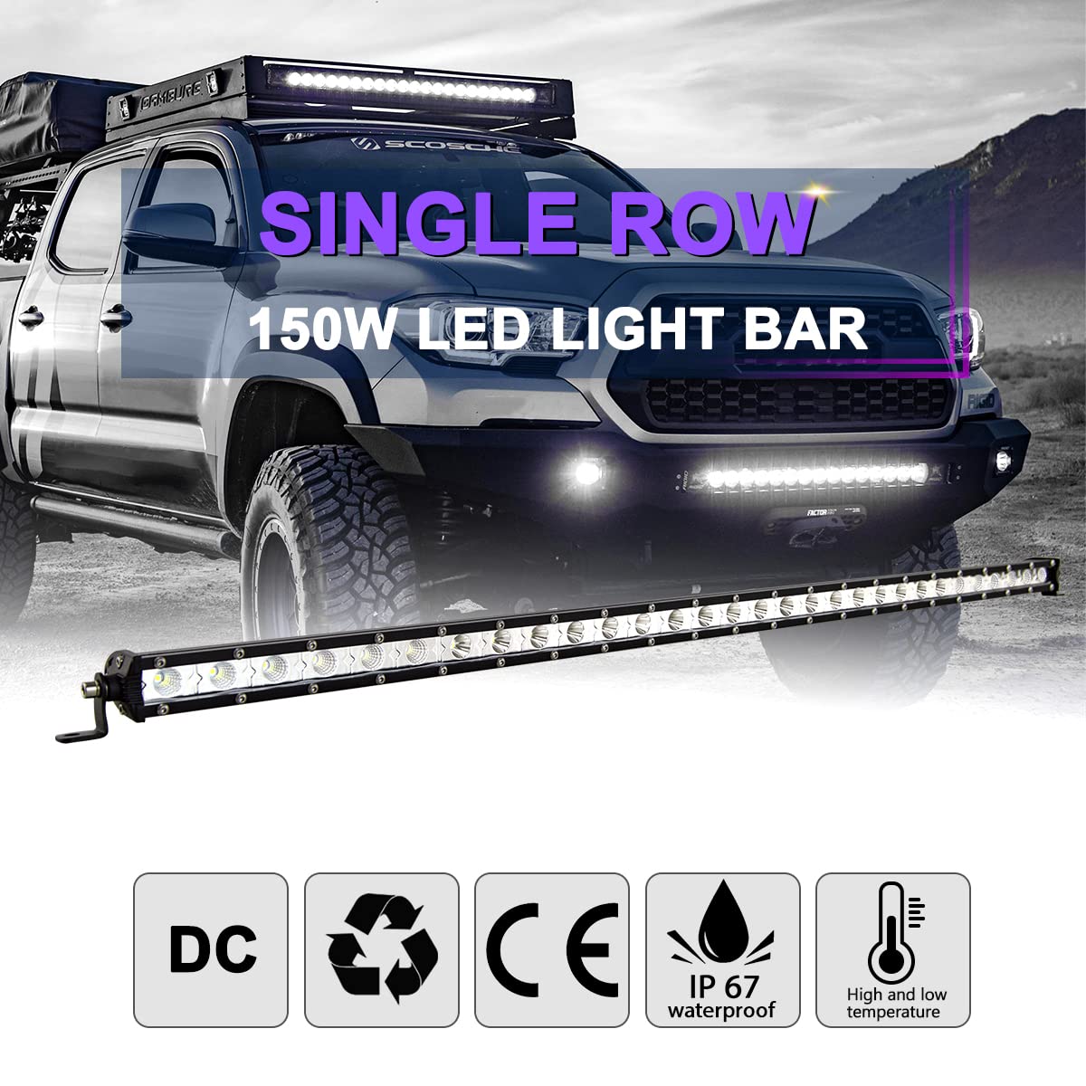 SKYWORLD 150W LED Light Bar 1 piece, Waterproof IP67 Offroad Lighting LED Bar 60W 6000K White 12V for Car, Truck, Motorcycle, SUV, ATV, Tractor, Boat, Off-road Vehicle, Construction Vehicle, Mining Machine