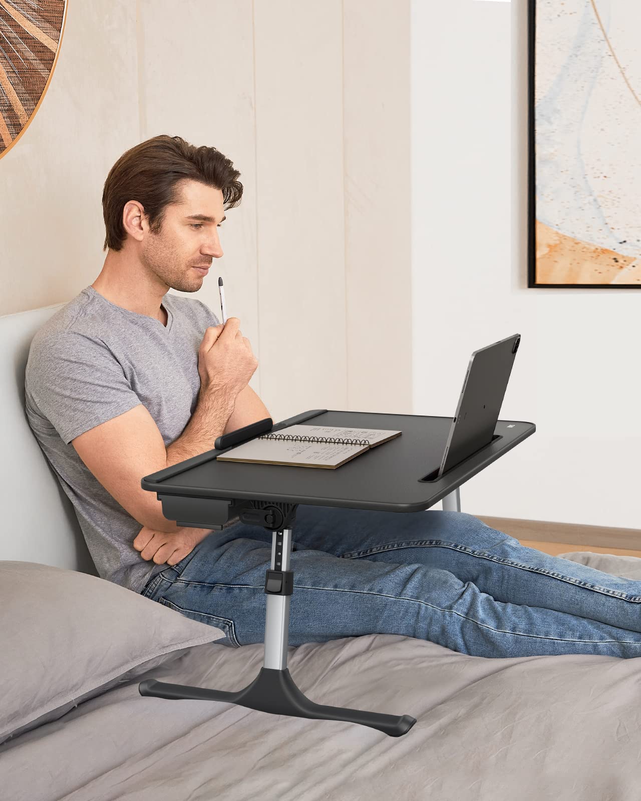 Folding Bed Table, SAIJI 60 * 40cm Laptop Desk, Adjustable Height in 5 Levels, with Book Stand, Drawer, Lap Stopper, Tablet Slot, Notebook Table for Reading or Breakfast and Drawing Table.