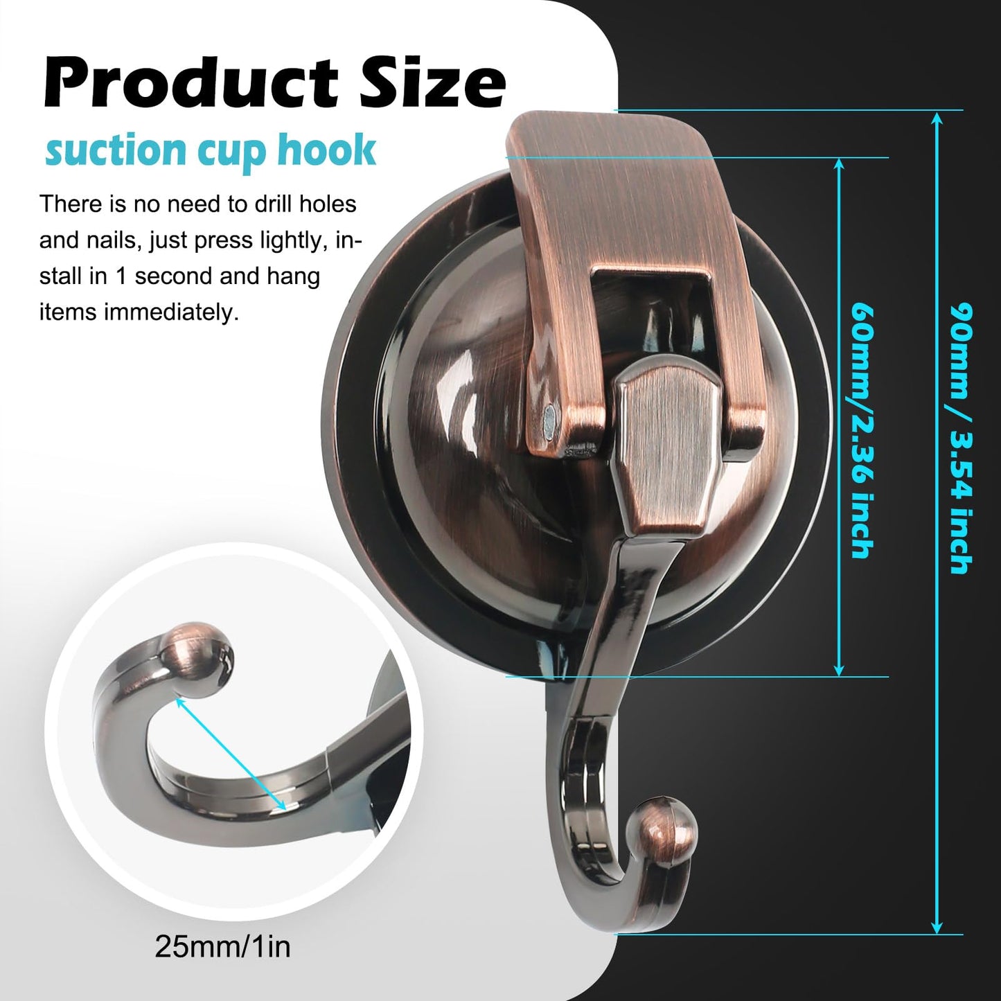 MaxEarn 6 piece Vacuum Suction Cup Hooks, Copper-Colored Extra Strong Suction Hooks, No Drilling Suction Hooks Wall Hooks Load-Bearing 5kg for Bathroom Kitchen Smooth Window Wall Glass