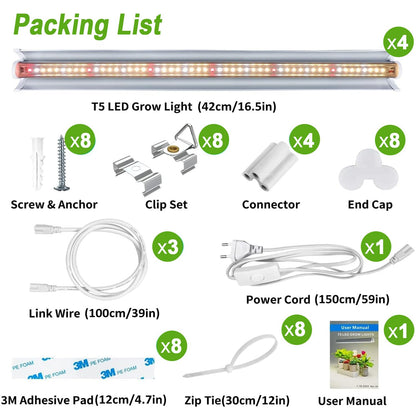 Niello 4Pack T5 Plant Lamp, 42cm LED Grow Light for indoor plants Full Spectrum, 660nm/3000K/6000K plant light with reflector/Daisy Chain for seeding, greenhouse, grow shelves.